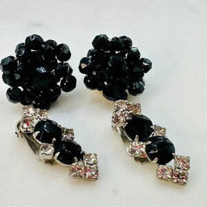 Vintage Clip On Earring Black and Rhinestone 2 Pair Faceted Cha Cha and …